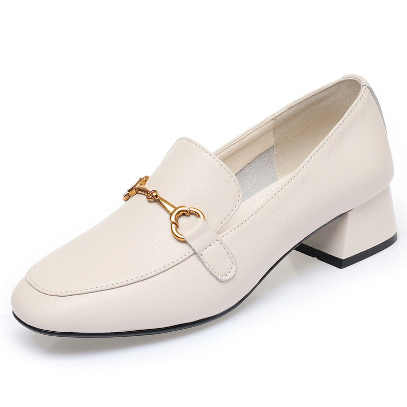 Shoeswoon Soft Square Toe Chain Ornament Office Ladies Mid‑Heel Loafers