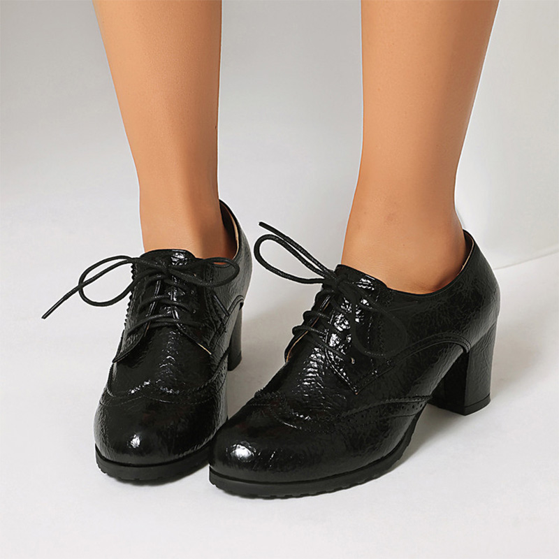 Shoeswoon Shiny Metallic Wingtip Perforated Lace‑Up Chunky Heel Vintage Oxford Pumps