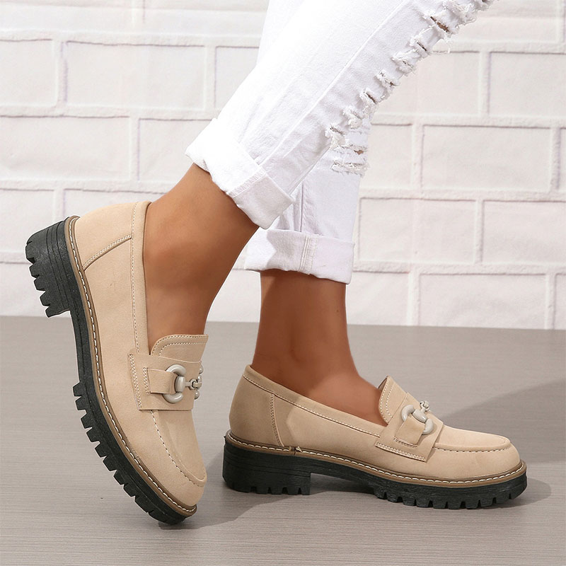Shoeswoon Dusty Green Faux Suede Chain Buckle Chunky Platform Loafers