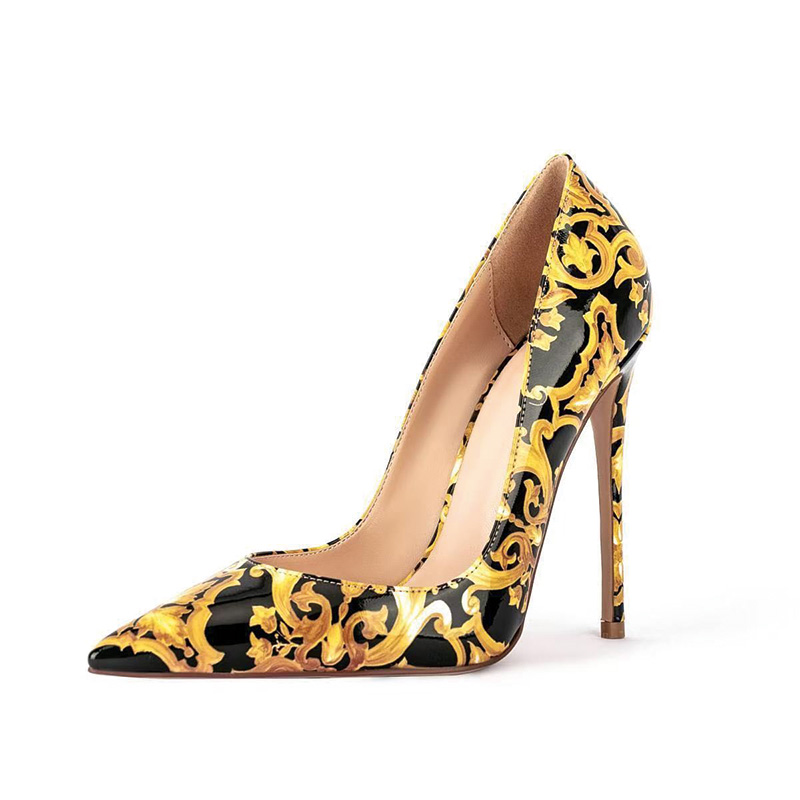 Shoeswoon Glossy Black Golden Scroll‑Pattern Pointed Toe Stiletto Pumps