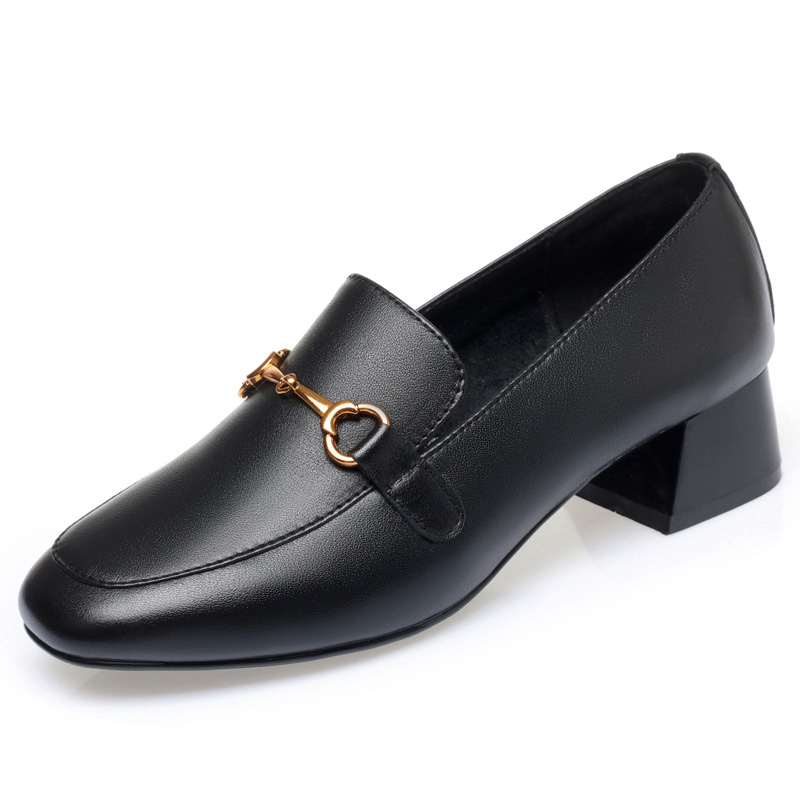 Shoeswoon Soft Square Toe Chain Ornament Office Ladies Mid‑Heel Loafers