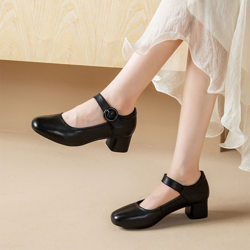 Shoeswoon Round Toe Single Buckle Ankle Strap Low Block Heel Mary Jane Pumps