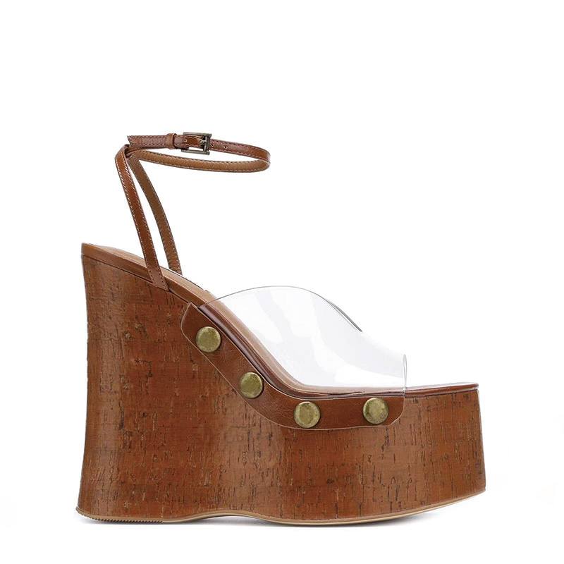 Shoeswoon Single Strap Brass Stud Thin Ankle Buckle Cork Platform Wedge Sandals
