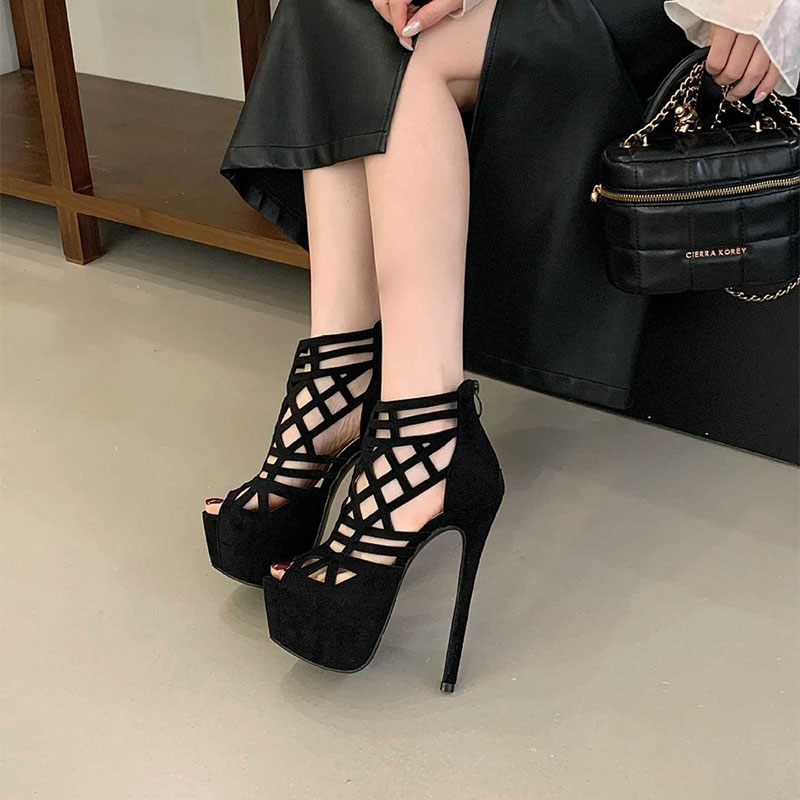Shoeswoon Black Suede Cutout Cage Peep Toe Back Zip Platform Stiletto Ankle Sandals