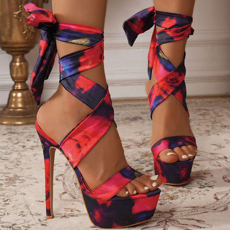 Shoeswoon Floral Print Satin Wrap Around Ankle Tie Platform Stiletto Sandals
