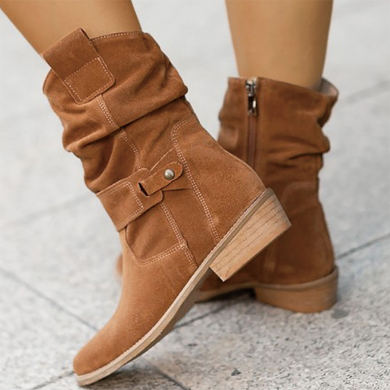 Shoeswoon Vintage Ruched Faux‑Suede Decor Buckle Low Heel Mid‑Calf Boots