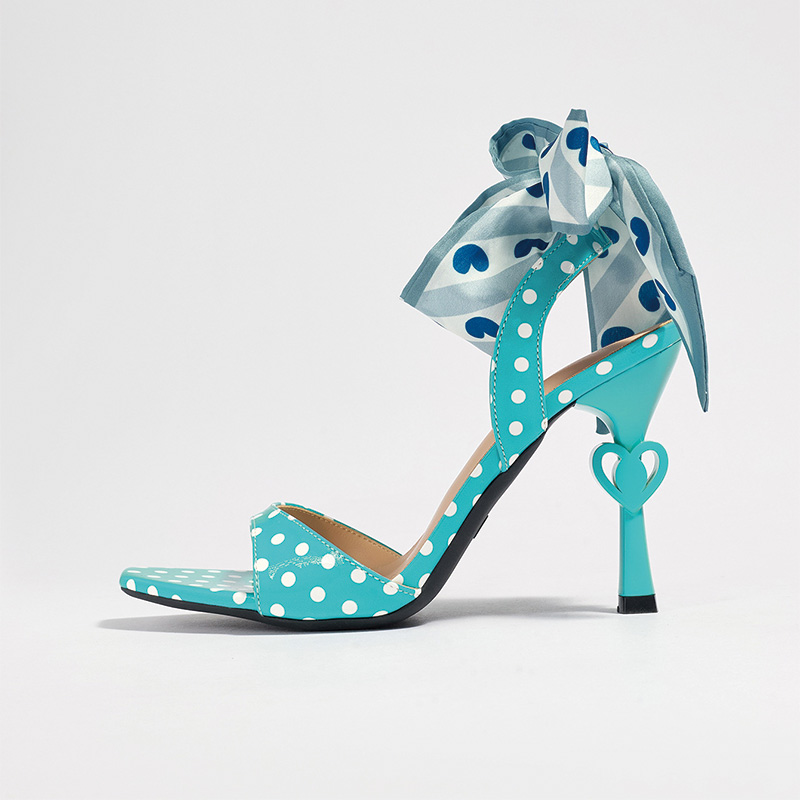 Shoeswoon Polka Dot Square Toe Stiletto Heel Floral Satin Ankle Wrap Sandals