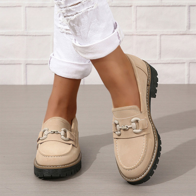 Shoeswoon Dusty Green Faux Suede Chain Buckle Chunky Platform Loafers