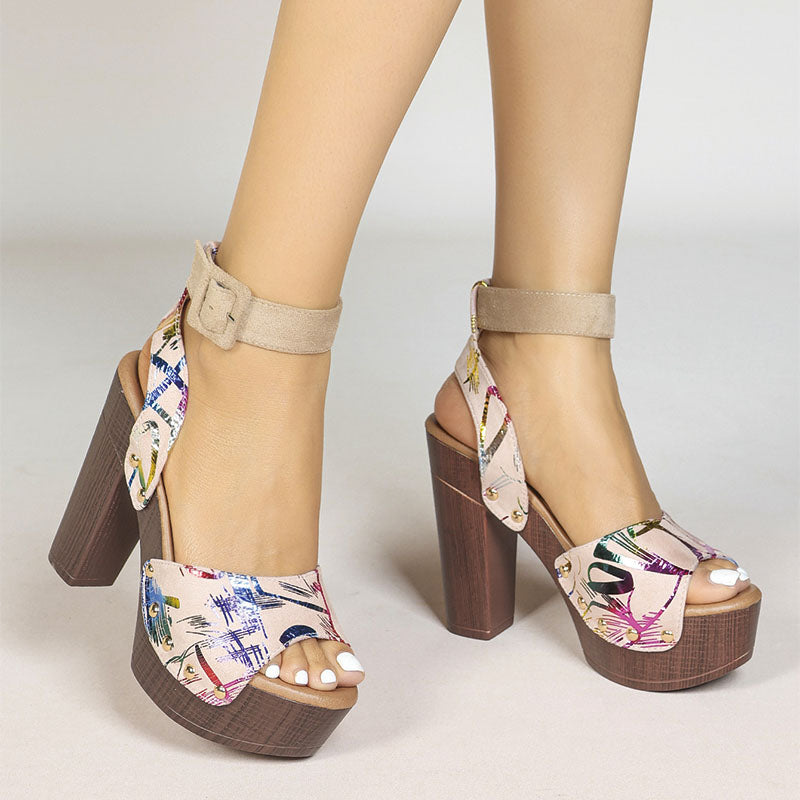 Shoeswoon Colorful Graffiti Print Peep Toe Wood Look Platform Sandals