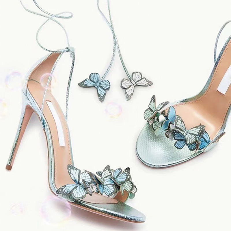 Shoeswoon Multicolor Butterfly Wrap Ankle Tie Stiletto Strappy Sandals