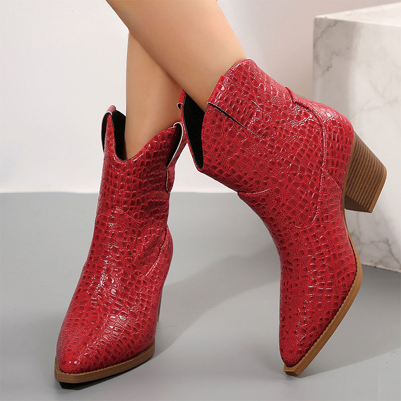 Shoeswoon Croc Embossed Pointed Toe Slip On Chunky Heel Ankle Western Cowgirl Boots