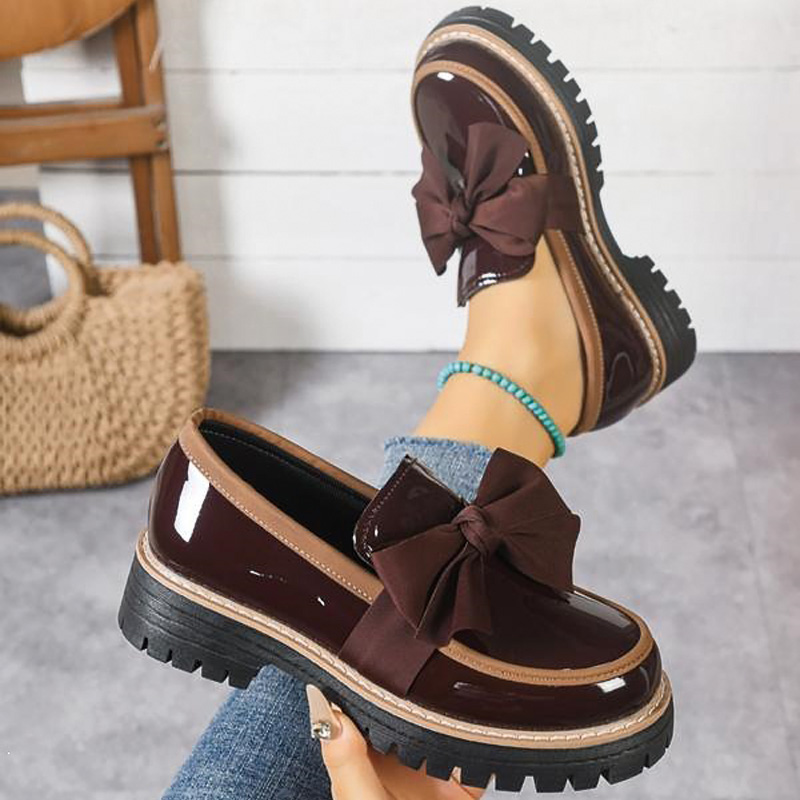 Shoeswoon Satin Bow Decor Patent Slip‑On Chunky Lug Platform Women's Loafer Shoes