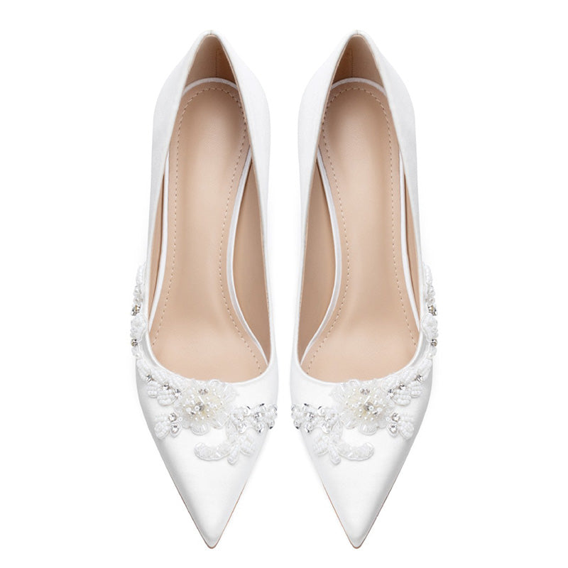 Shoeswoon Elegant Pearl Beaded Applique Satin Pointed Toe Stiletto Heels