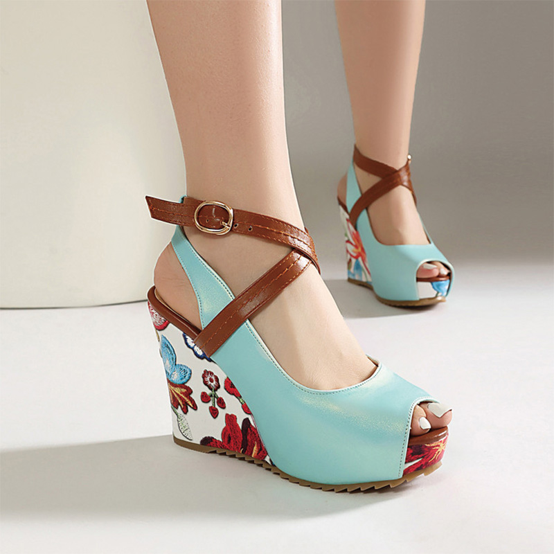 Shoeswoon Mint Floral Print Peep‑Toe Crisscross Ankle Strap Wedge Sandals