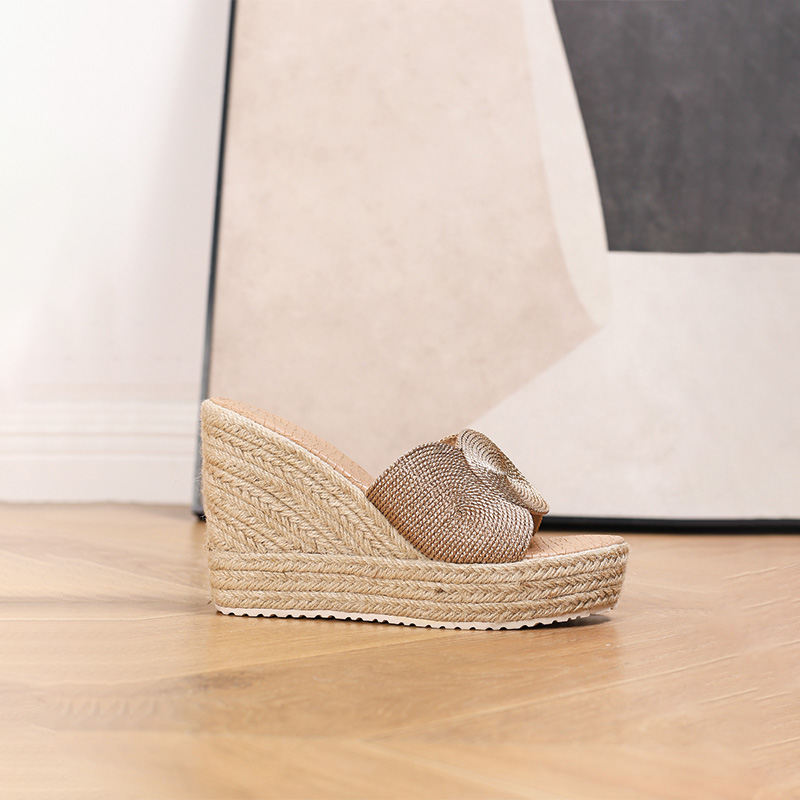 Shoeswoon Metallic Gold Braided Heart Strap Slip On Jute Espadrille Wedge Mules