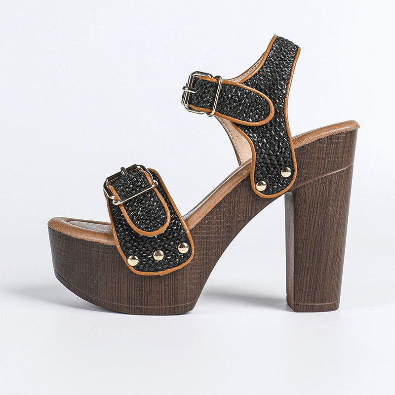 Shoeswoon Casual Woven Strap Faux Leather Wooden Look Chunky Platform Sandals