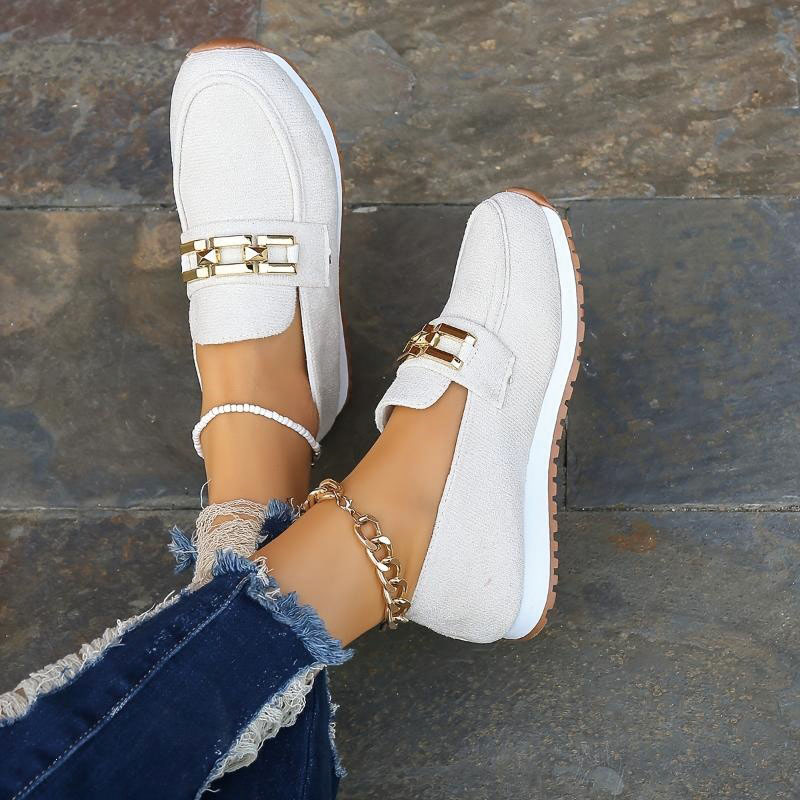 Shoeswoon Casual Round Toe Chain Ornament Contrast Sole Slip‑On Wedge Loafers