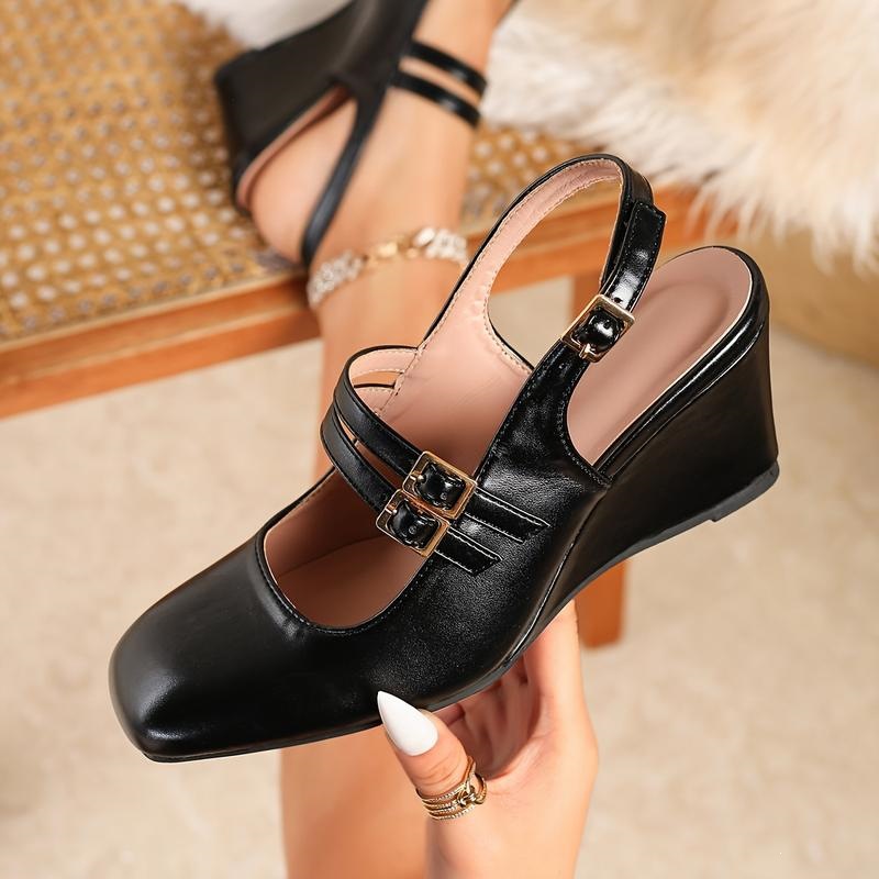 Shoeswoon Square‑Toe Double Strap Sling‑Back Wedge Heel Women's Mary Jane Pumps