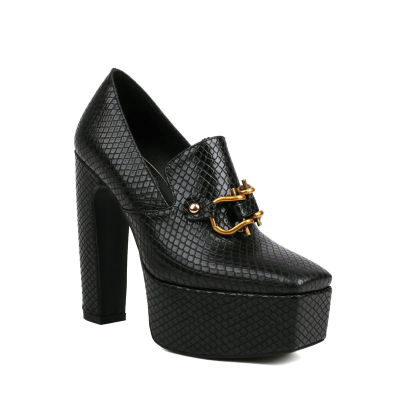 Shoeswoon Snake Embossed Gold Horsebit Square Toe Platform Chunky Heel Pumps