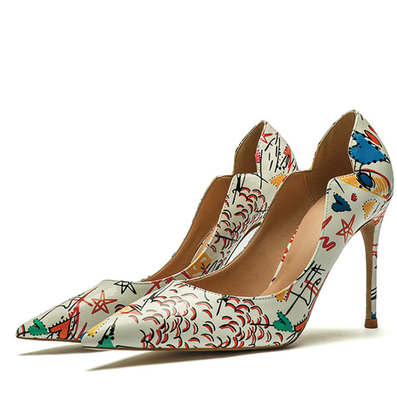 Shoeswoon Artistic Cut-Out Graffiti Print Pointed Toe Stiletto High Heels