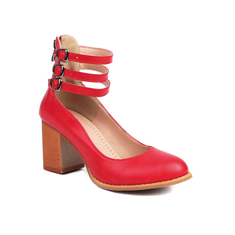 Shoeswoon Vintage Three Buckle Straps Closed Toe Chunky Heels