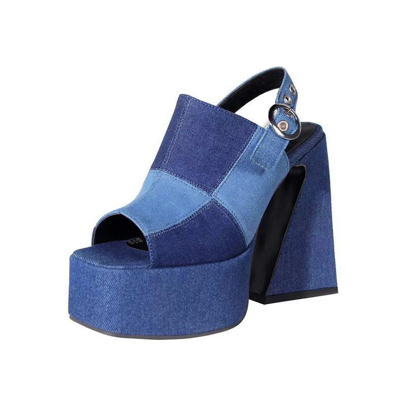 Shoeswoon Color Block Denim Slingback Open Toe Platform Chunky Trapeze Heel Sandals