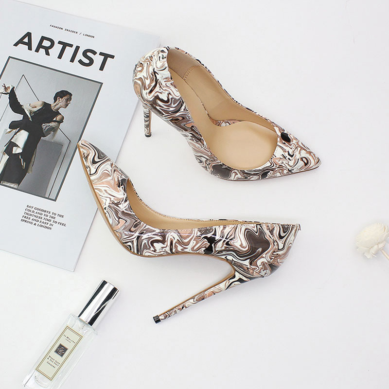 Shoeswoon Colorful Floral Print Patent Pointed Toe Slim Stiletto High Heel Pumps
