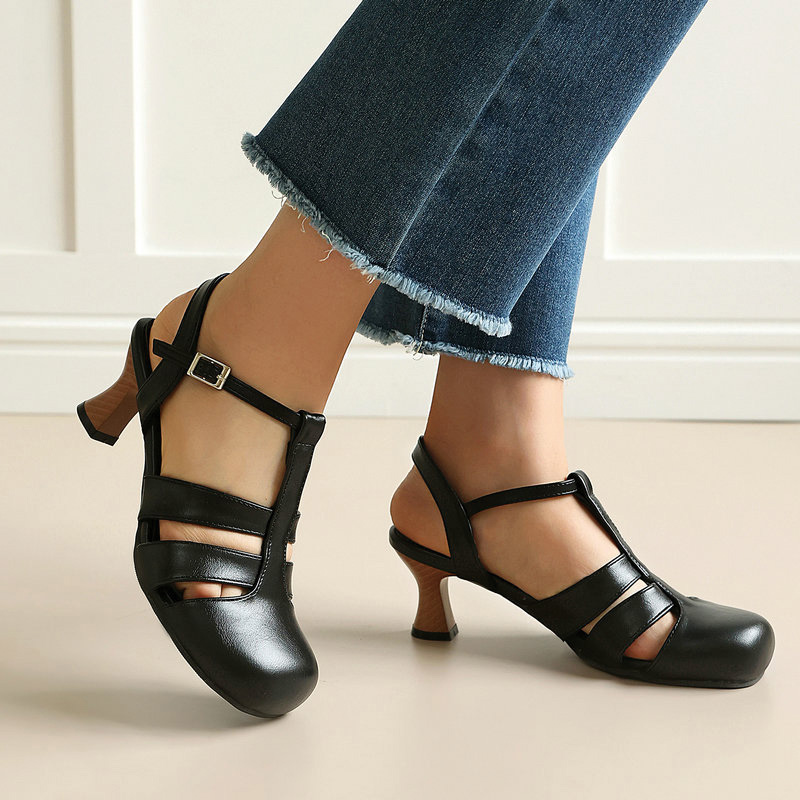 Shoeswoon Retro Leather‑Look Ankle Buckle Slingback Women's Mary Jane Pumps