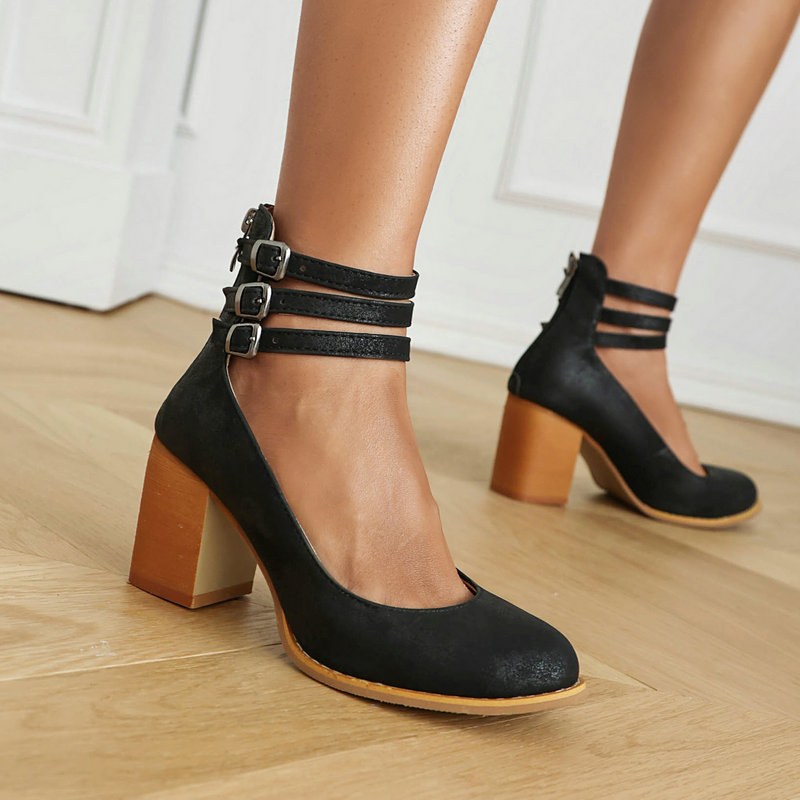 Shoeswoon Retro Triple Buckle Back‑Zip Mid Heel Mary Jane Shoes