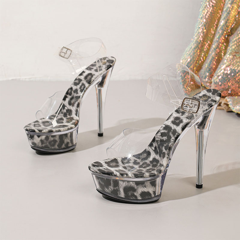 Shoeswoon Clear Ankle Strap Leopard Print Platform Stiletto Sandals