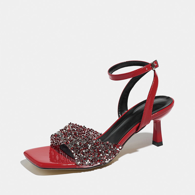 Shoeswoon Rhinestone Glitter Ankle Strap Square Toe Kitten Heel Sandals
