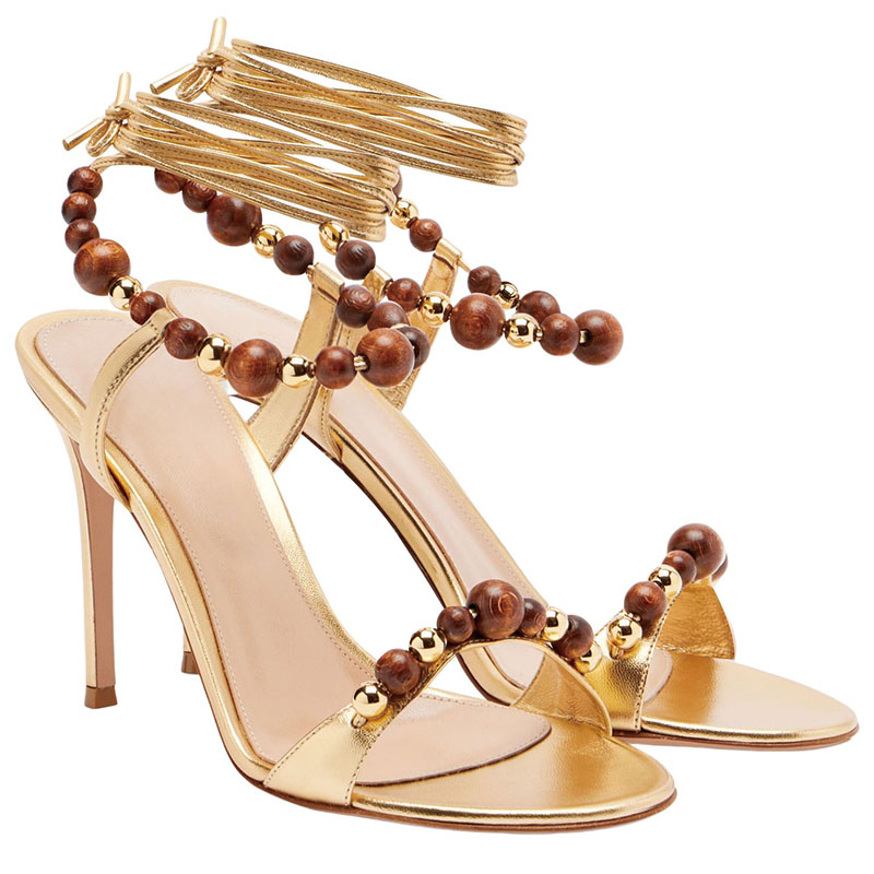 Shoeswoon Wood Bead Embellished Metallic Leather Lace‑Up Stiletto Sandals