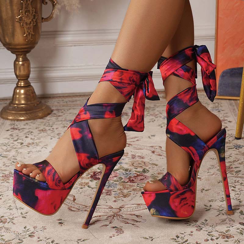 Shoeswoon Floral Print Satin Wrap Around Ankle Tie Platform Stiletto Sandals