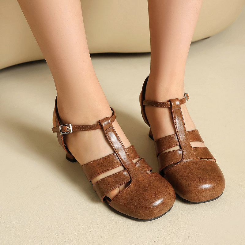 Shoeswoon Retro Leather‑Look Ankle Buckle Slingback Women's Mary Jane Pumps