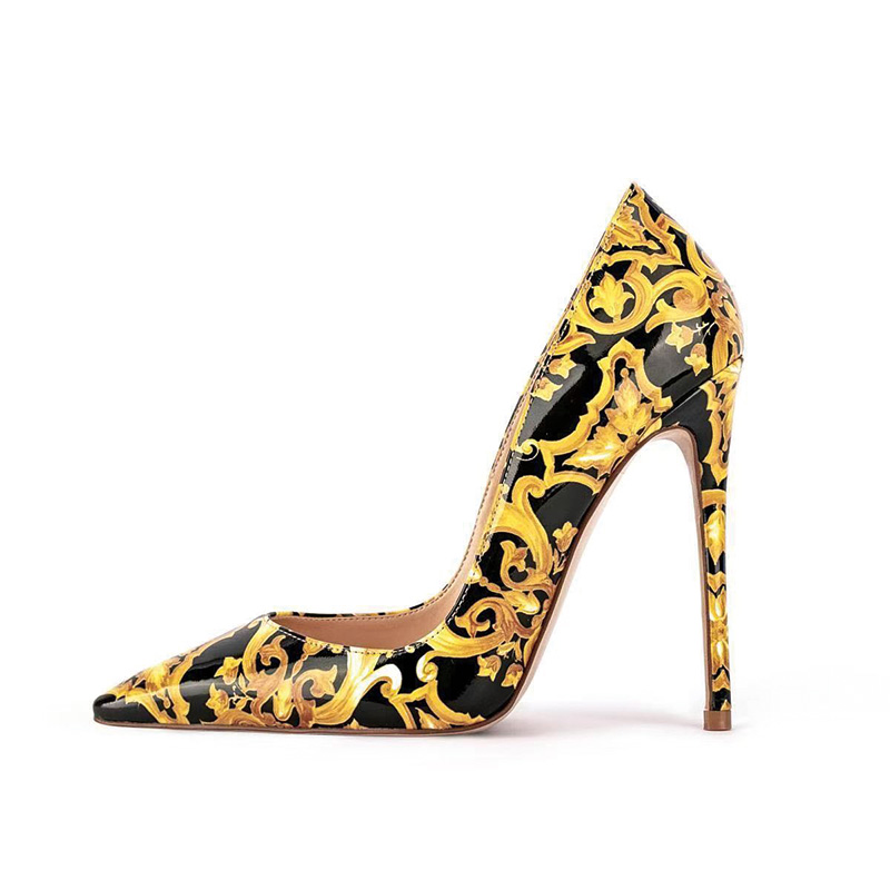 Shoeswoon Glossy Black Golden Scroll‑Pattern Pointed Toe Stiletto Pumps