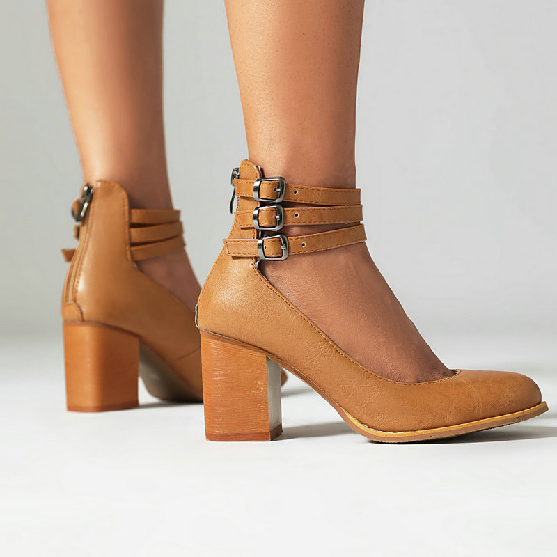 Shoeswoon Retro Triple Buckle Back‑Zip Mid Heel Mary Jane Shoes