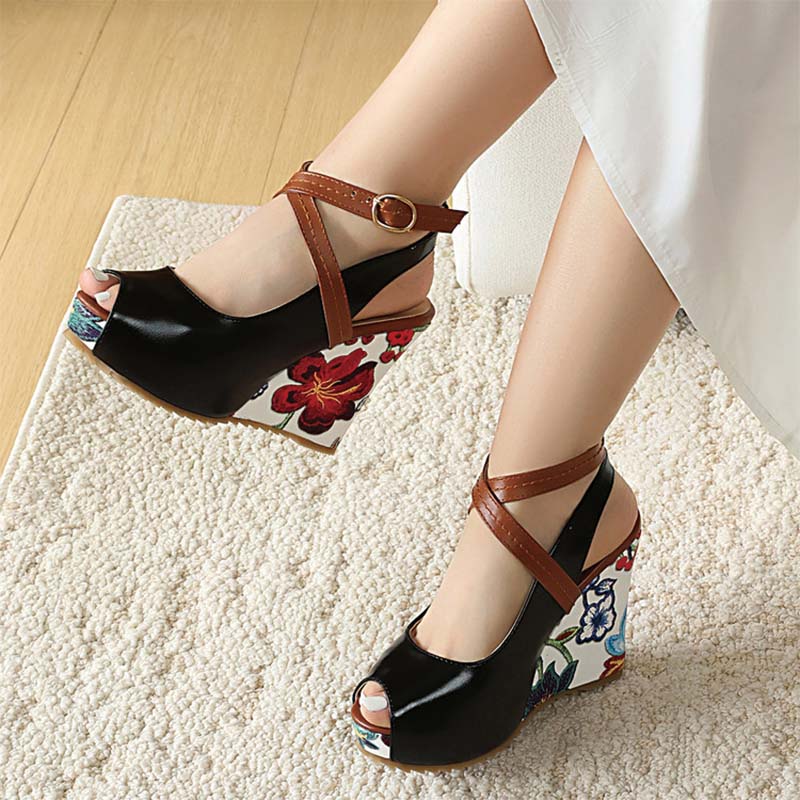 Shoeswoon Mint Floral Print Peep‑Toe Crisscross Ankle Strap Wedge Sandals
