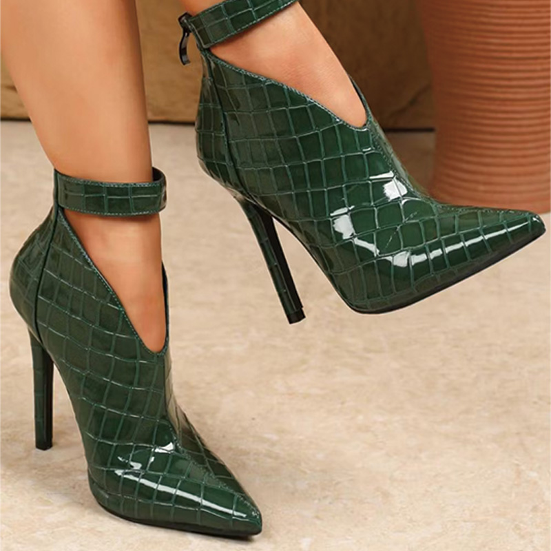 Shoeswoon Glossy Croc Embossed Green Cutout Ankle Wrap Slim High Heels