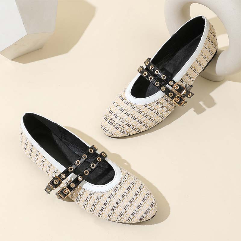 Shoeswoon Chic Textured Double Strap Round Toe Fashion Mary Jane