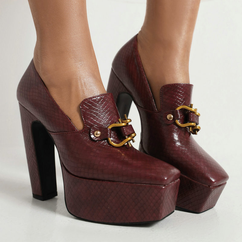 Shoeswoon Snake Embossed Gold Horsebit Square Toe Platform Chunky Heel Pumps