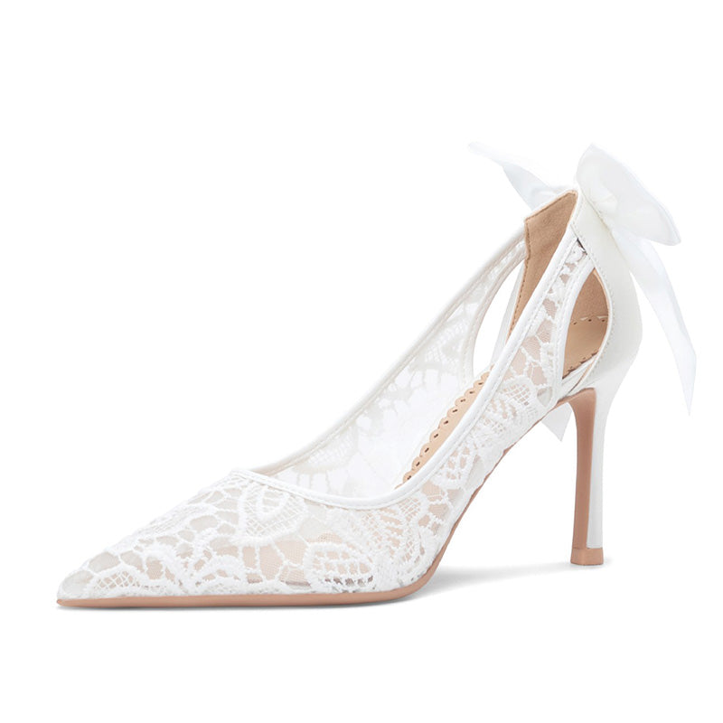Shoeswoon Back Bow Cutout Lace Wedding Stiletto High Heels