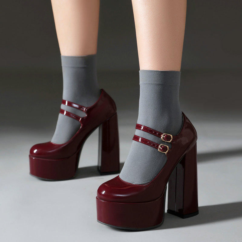 Shoeswoon Double Strap Mary Jane Round Toe Platform Chunky Heel Pumps