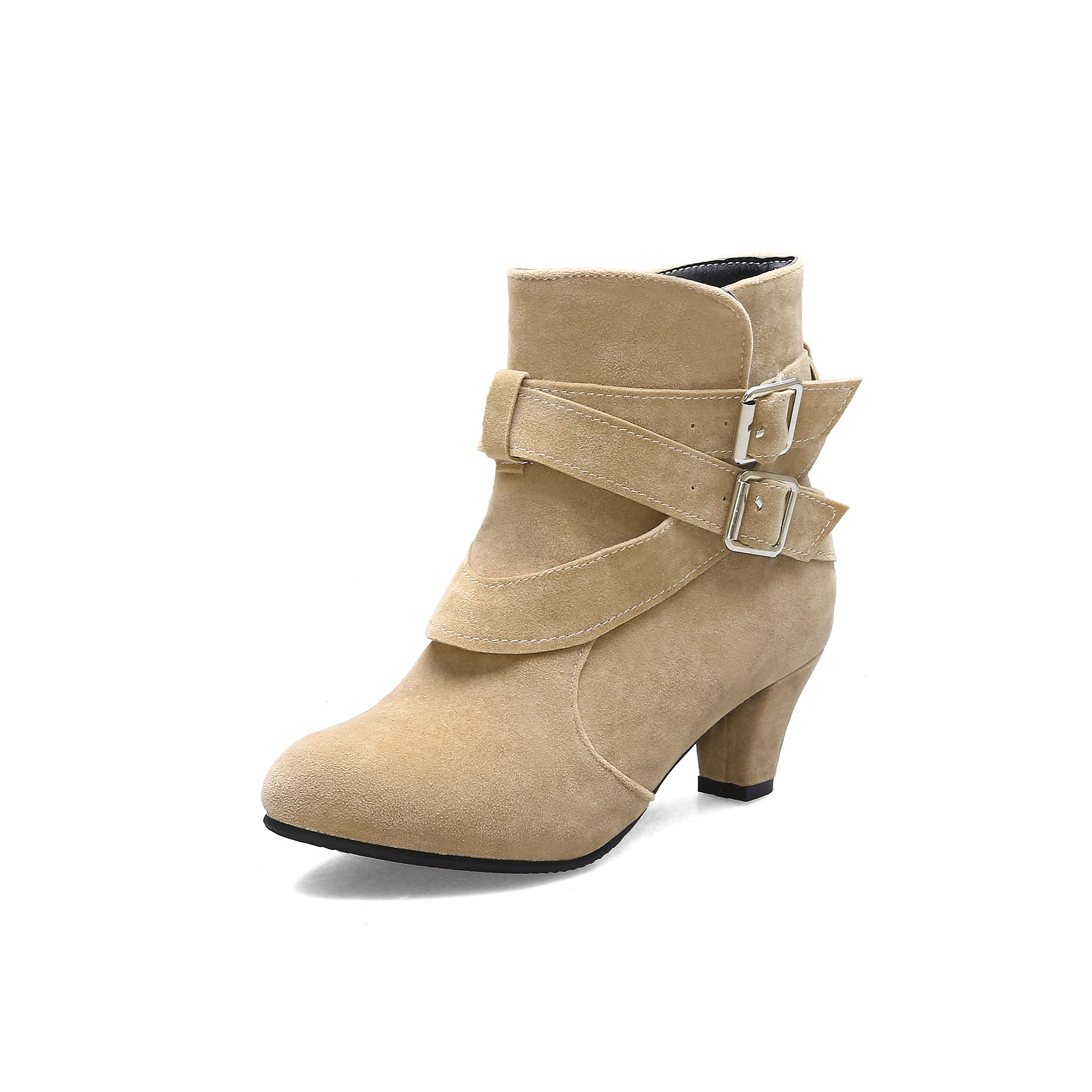 Shoeswoon Suede‑Texture Ankle Boots Multi‑Buckle Wrapped Straps Round Toe Low Block Heel