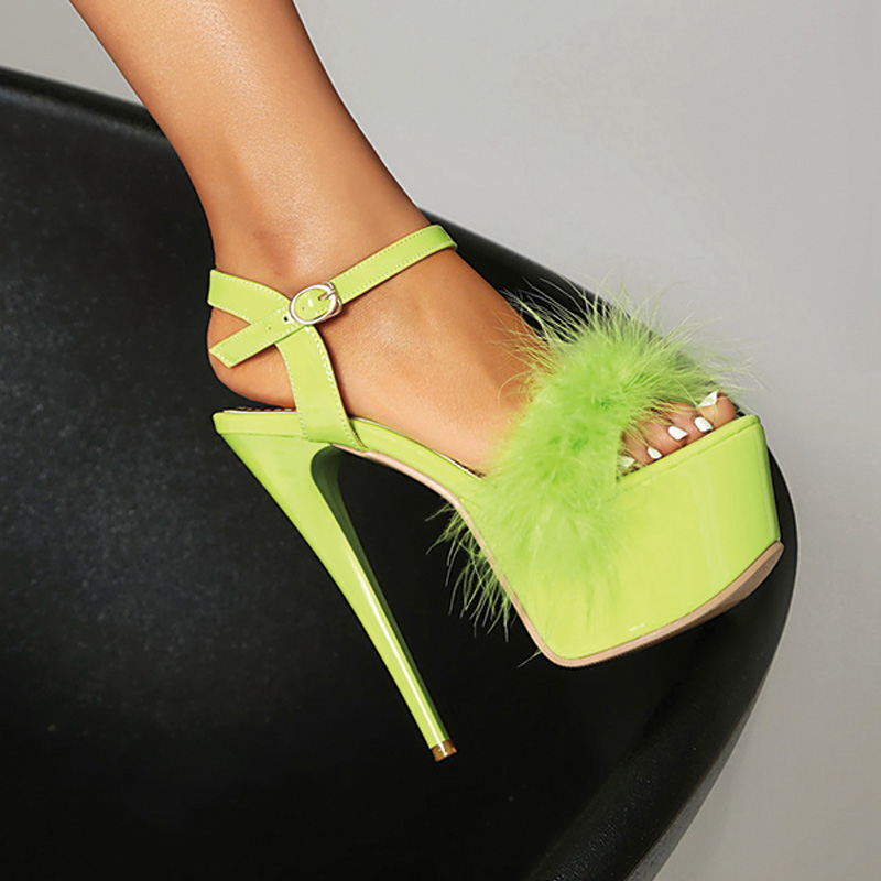 Shoeswoon Fluffy Feather Ankle Strap Super Platform Stiletto Sandals