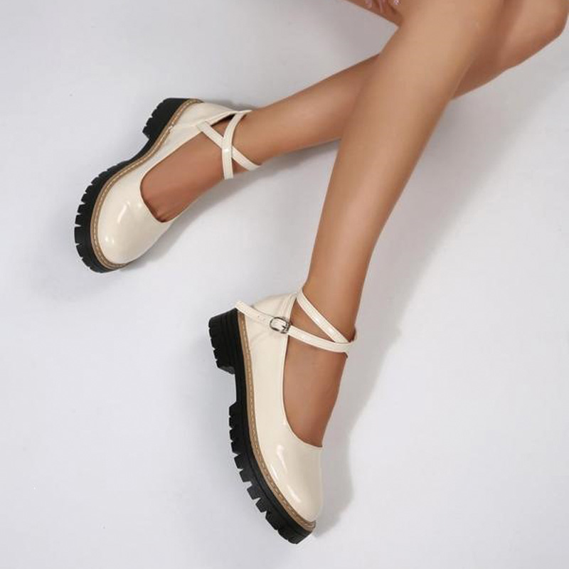 Shoeswoon Vintage White Criss‑Cross Ankle Buckle Thick‑Sole Mary Jane Shoes