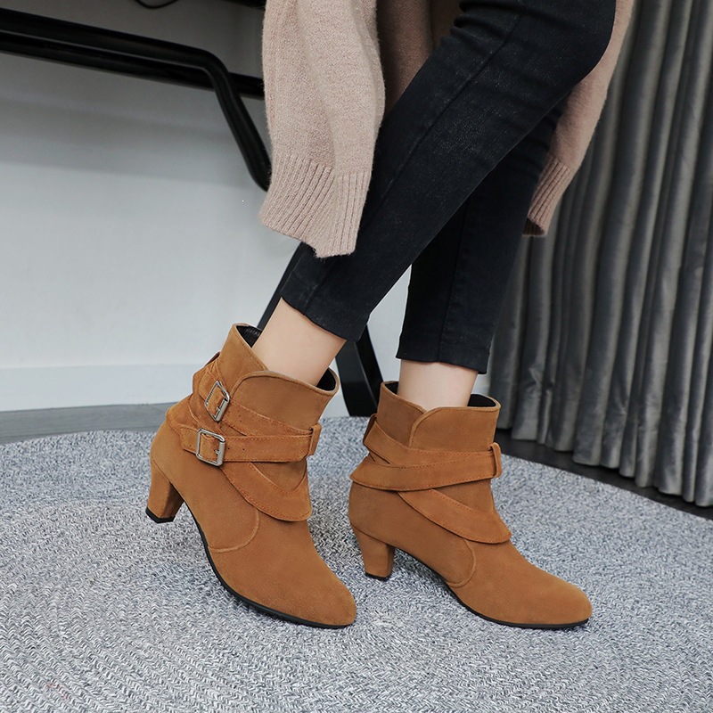 Shoeswoon Suede‑Texture Ankle Boots Multi‑Buckle Wrapped Straps Round Toe Low Block Heel