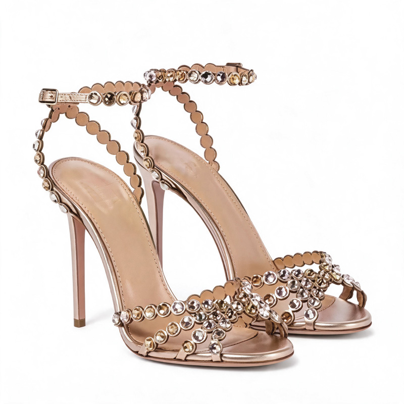 Shoeswoon Metallic Multi-Colored Crystal Ankle Strap Stiletto Heel Sandals