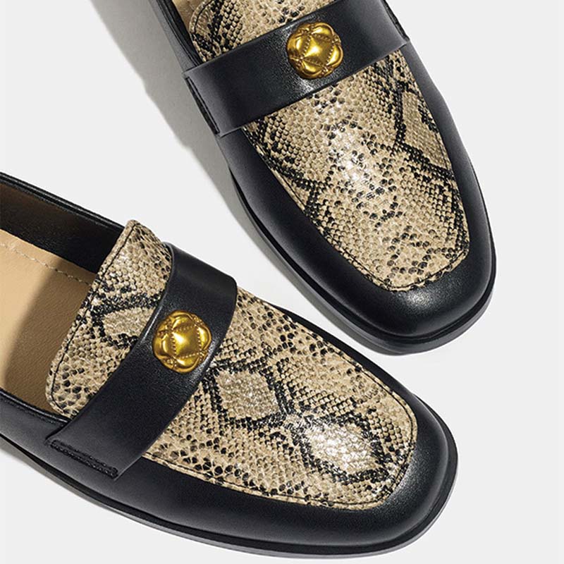 Shoeswoon Snakeskin Print Metal Floral Buckle Slip On Loafers
