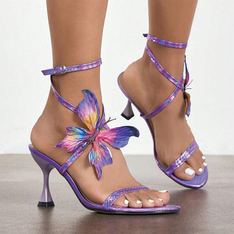 Shoeswoon Purple Butterfly Ankle Strap Flare Stiletto Heel Sandals