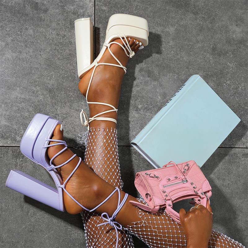 Shoeswoon Square Toe Platform Lace Up Ankle Wrap Chunky Heel Sandals